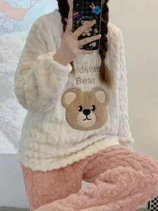Autumn Winter New Women's Fleece Pajama Set, Cute Letter Bear Embroidery Long Sleeve Pants, Jacquard Knit Homewear, Pajama Pattern, Nightwear Loungewear Set, Matching Pj Set