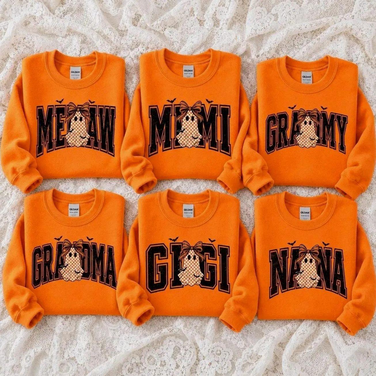 Personalized Halloween Grandma Sweatshirt, Cute Ghost Bow Spooky Season Crewneck, Custom Mimi Grammy Gigi Nana Meemaw Shirt, Orange Fall Family Matching Pullover, Spooky Vibes Cute Halloween Gift for Grandmother, Cute Spooky Grandma Outfit