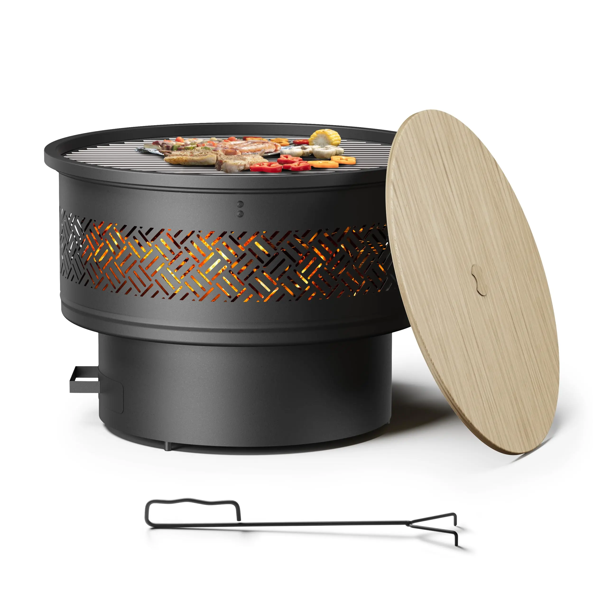 FORIOUS 32 inch Fire Pit with Grill & Lid, Firepits for Outside Wood Burning Fire Pit Table with Fire Poker, Multifunctional Outdoor Fire pits for BBQ, Table, Bonfire, Camping, Backyard, Patio, Picnic
