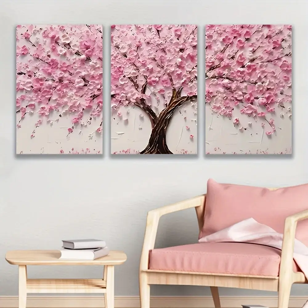 Tree Landscape Pattern Floral Cherry Canvas Wall Art, 3counts Set Modern Canvas Wall Art, Decorative Flower Painting Aesthetic Wall Decor Decoration Items for Home Living Room & Bedroom