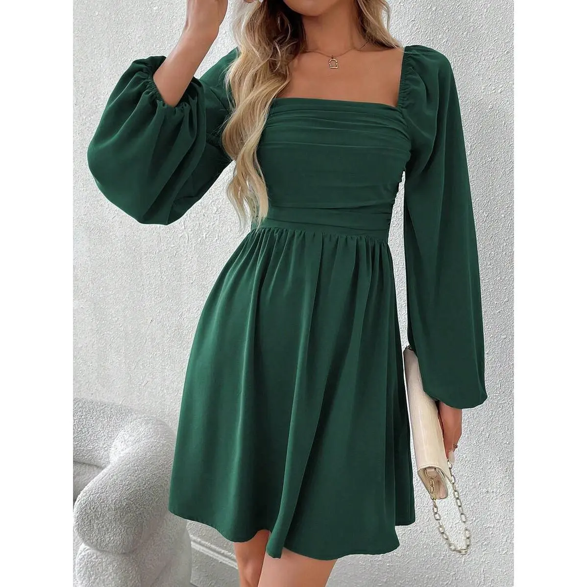 Women's Modern Chic A-Line Mini Dress, Elegant Solid Polyester with Square Neck, Ruched High Waist and Long Lantern Sleeves, elegant silhouette, timeless appeal, graceful flow