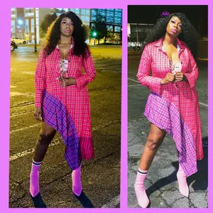 Kauna Vibes Plaid Asymmetrical Pink and Purple Shirt Dress from The Couture Vault