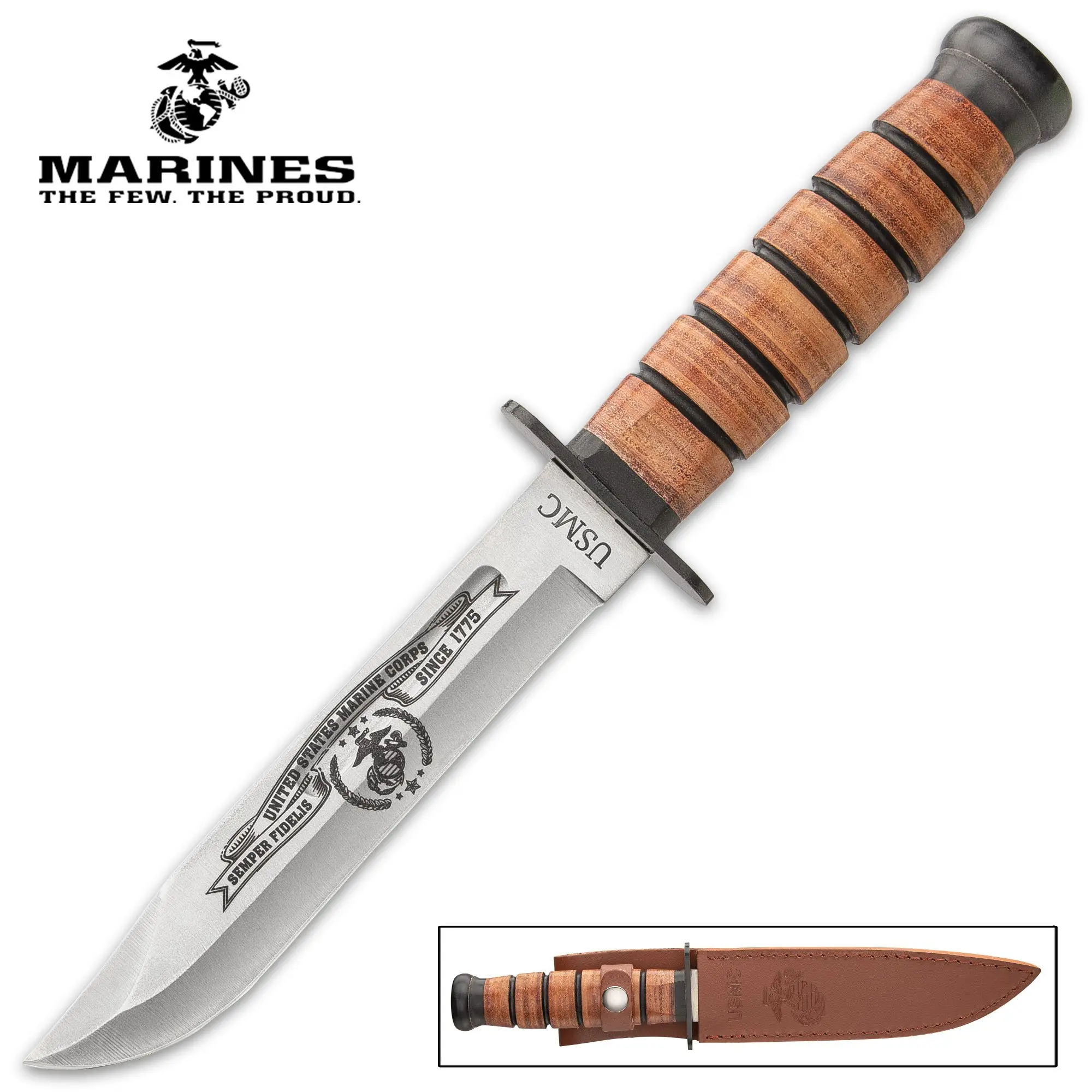 "USMC Tribute Combat Knife   6 3/4"" Blade   12 1/4"" Overall Length   Stacked Leather Handle   Leather Sheath Included"