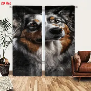 2D Flat, 2D Flat 2pcs Australian Shepherd Merle Dog Print Blackout Curtains with Gray White Tan Fur & Blaze Design, Soft Textured Flowing Strands, Gentle Attentive Expression, Dark Background Decorative Window Drapes for Bedroom Living Room, 2D Flat