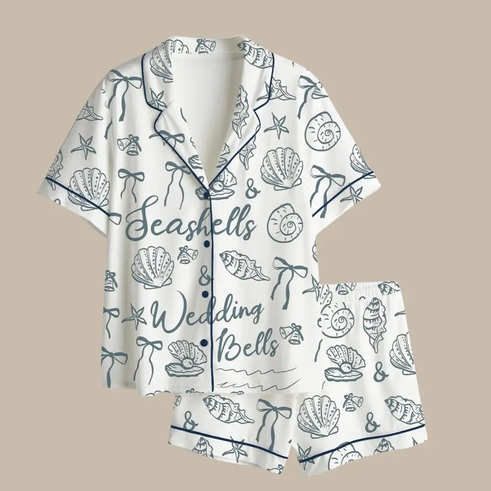 Seashells Wedding Bells Satin Pajama Set: Coastal Bridal Party Loungewear, Bridesmaid Gift