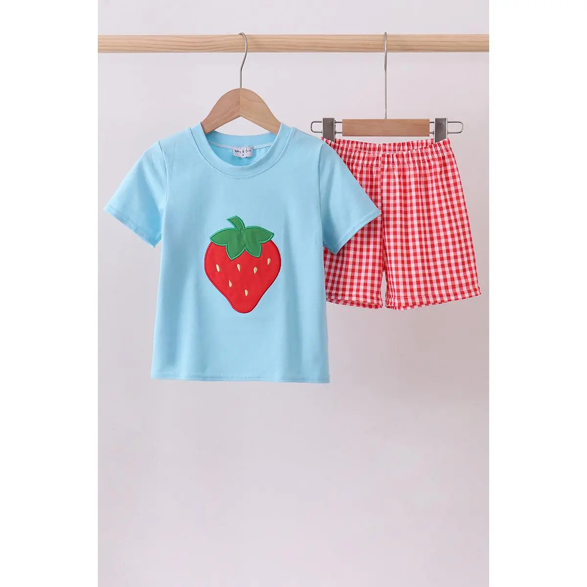 Blue strawberry applique gingham shorts set