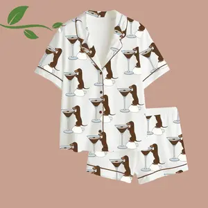 Dachshund Martini Pajamas Women, Cute Dog Print Satin Sleepwear Set, Soft Short Sleeve Loungewear, Unique Gift for Pet Fans