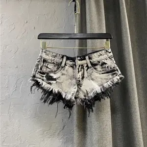 Summer Low Rise Distressed Jean Shorts, Raw Edge A-cut Light Grey Stylish Korean Female Bottoms