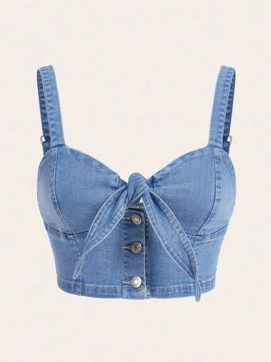 Women's Black Denim Camisole | Front Tie, Crop Top | Single-Breasted
