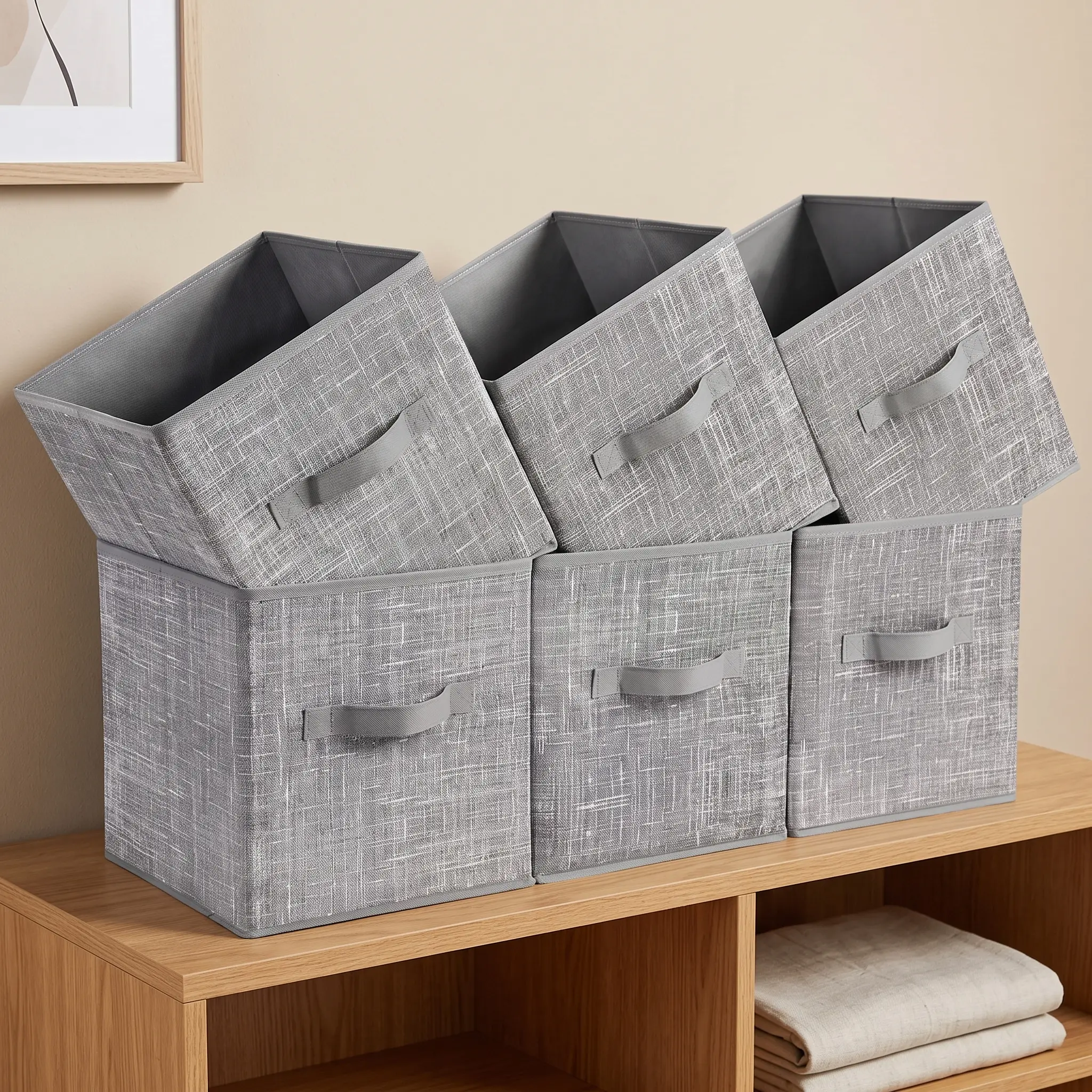 6 Pack 11 Inch Foldable Storage Cubes Fabric Closet Organizer Bins with Double Handles Gray