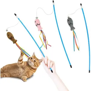 Interactive  Wand  with Plush Fish & Colorful Ribbon Tails - Engaging Play and Exercise Teaser Stick for Indoor Cats and Kittens (Brown/Gray/)