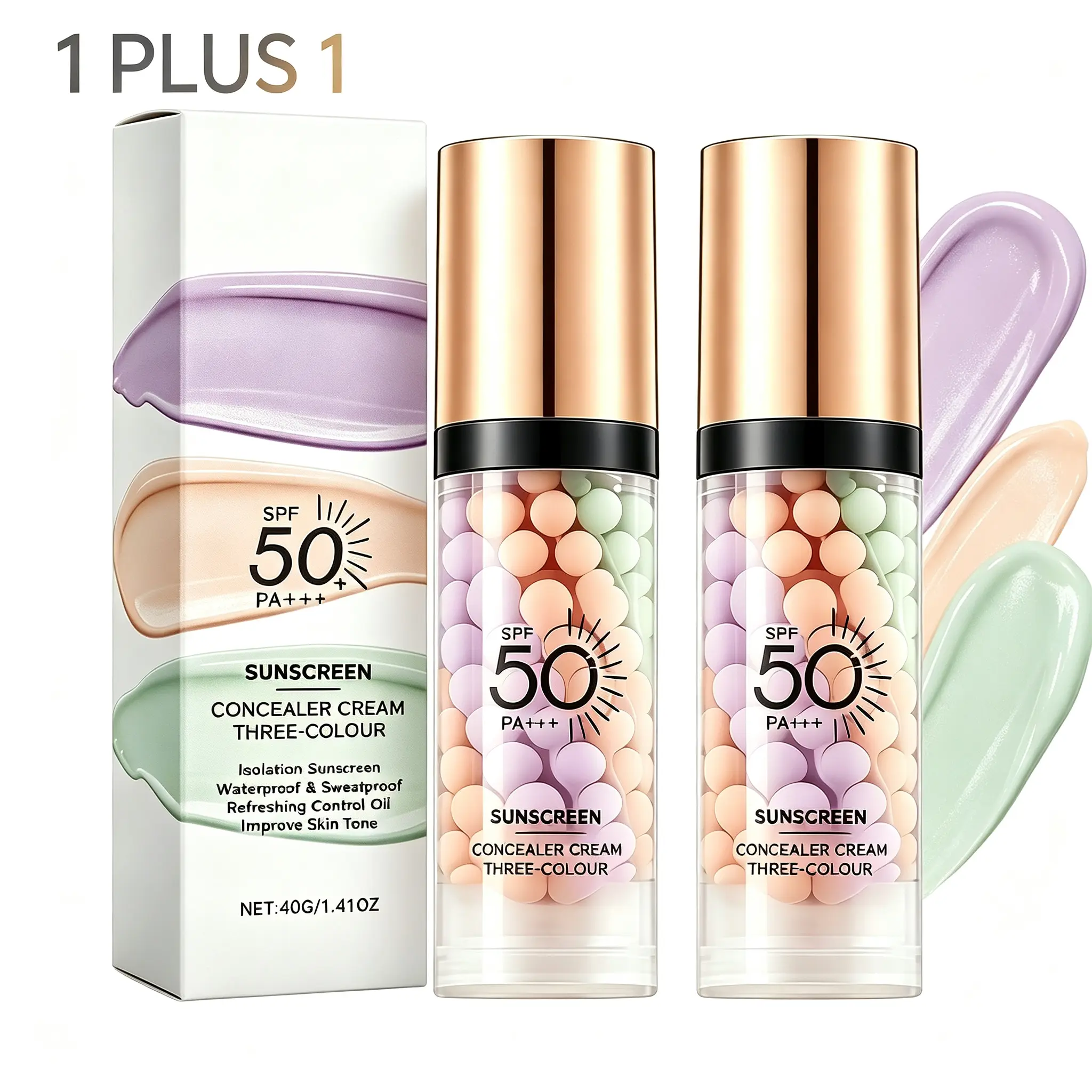 Three-Color Sunscreen Concealer Primer 2 Bottles Set, Transparent Vacuum Bottle With Layered Color Bead Texture, SPF50 PA+++ Sun Protection, Waterproof Sweatproof Refreshing Oil Control, Balances & Evens Skin Tone