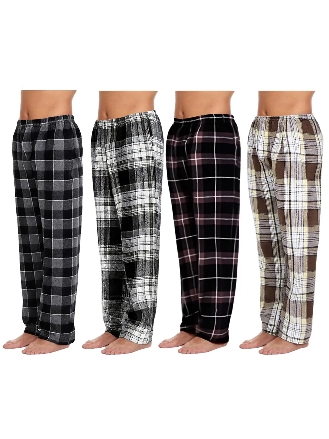 Men's Four-Piece Plaid Checked Sleepwear Pants Pajama Set, Soft Comfortable Fitted Design, Casual Comfy Lounge All-Season Loungewear, Elastic Waist for Easy Fit