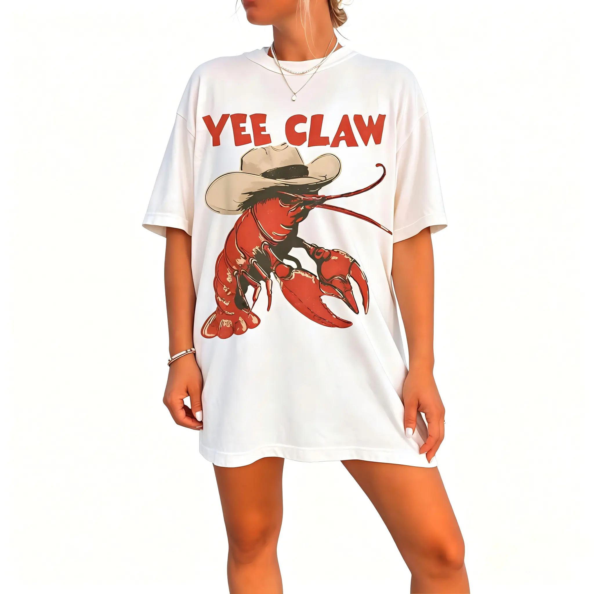 Cowboy Crawfish Vintage Oversized Graphic T-Shirt Beachwear Summer Vacation Western Style Funny Lobster Tee Casual Streetwear Coastal Aesthetic Soft Trendy Outfit Women Holiday Fashion Cute Graphic Tee Comfortable Loose Fit Summer Top Beach Outfit Street