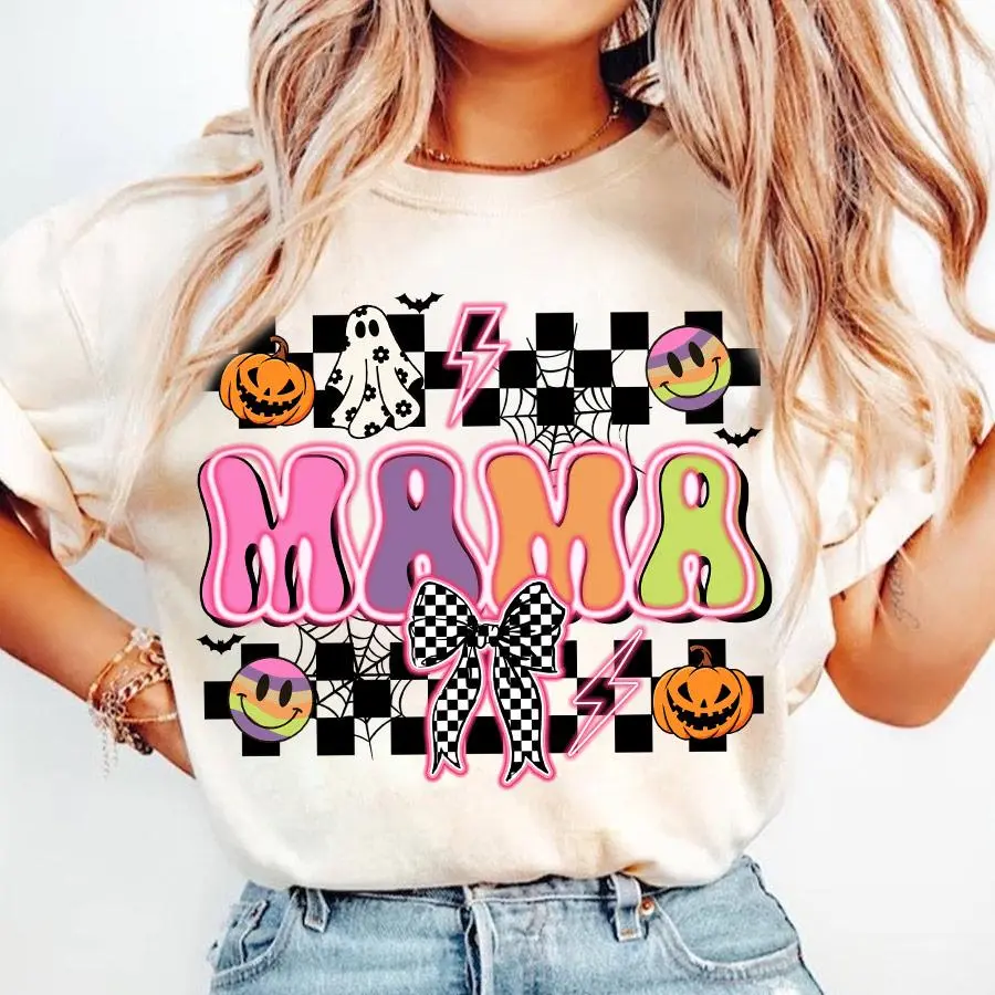 Spooky Mama Shirt, Halloween Spooky Season Sweatshirt, Halloween Checkered, Spooky Vibes,  Halloween Mama Coquette, 100% Cotton - Fabric