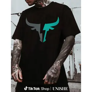 Bull Head Graphic Men’s Black T-Shirt with Teal Geometric Additions, Summer Ready