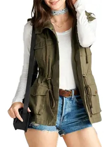 PacificPlex Women's Sleeveless Hooded Anorak Cargo Utility Vest, Cotton Material - Womenswear, Tops Adjustable Army