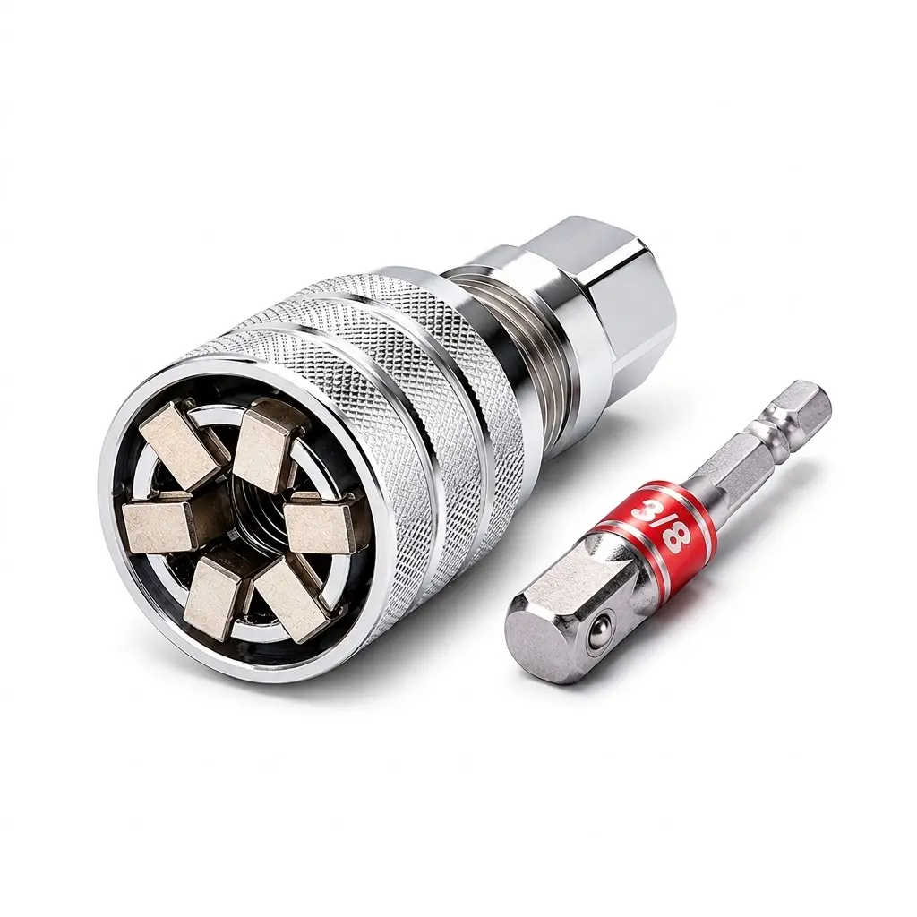 Multifunctional Universal Adjustable Socket Wrench Tool with Adapter - 10-19mm Metric, 3/8"-3/4" Ratchet Mechanism, Anti-Corrosive Chrome-Mo Steel, 3/8" Drive for Torque Wrench & Electric Drill, 1-Hand Grip, Stuck Bolt Fix