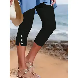 Women's Stretchy Capri Pants Elastic Waist with Button Accents, Mid-Stretch Knit Fabric, All-Season Casual & Formal Wear, Machine Washable Bottoms Womenswear Basic Minimalist