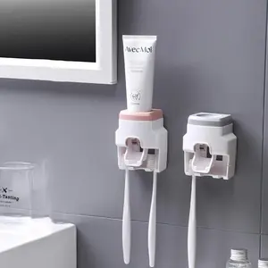 Sleek White & Pink Toothbrush Holder Set with Automatic Toothpaste Dispenser - Wall-Mounted, Odorless Bathroom Organizer Rack with Dual Slots for Electric Toothbrushes, Toothbrush and Toothpaste Holder