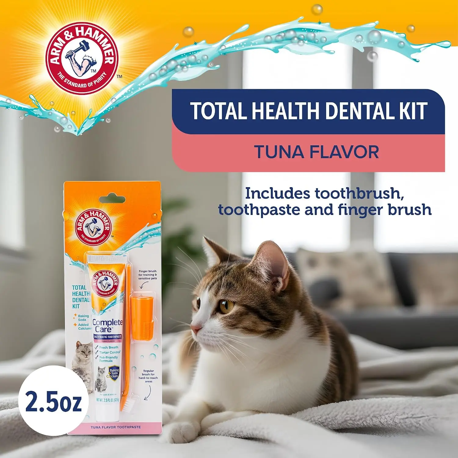 Arm & Hammer Complete Care Cat Dental Complete Kit, Tuna Flavor Enzymatic Liquid Cat Toothpaste, Easy-to-Use Dual-Head Toothbrushes & Finger Brush, Baking Soda + Calcium, Fluoride-Free Formula, 2.5 oz, Plaque Control