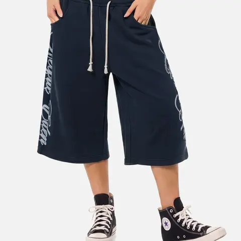 Aelfric Eden Double Waist Script Longline Shorts Double Waistband Layered Design Gothic Script Print Wide Leg Five Point Silhouette Soft Knit Sweatshirt Fabric Retro Streetwear Unisex Shorts