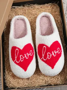 Women's Shoes Love Heart Pattern Slippers, Casual Comfortable Plush Indoor Home Shoes, Perfect Gift for Valentine's Day