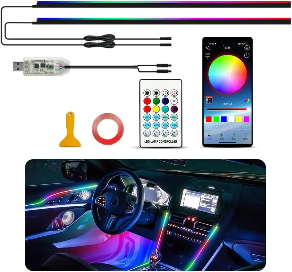 Chase Color Changing Car Interior Light Kit for Tesla Model Y - 1 in 1 (43.3in*1) DIY USB-Powered Acrylic Neon Flexible Strip, Adhesive Mount, Dynamic & Music Interaction, Remote Control, Android/iOS App Control, Car Decor