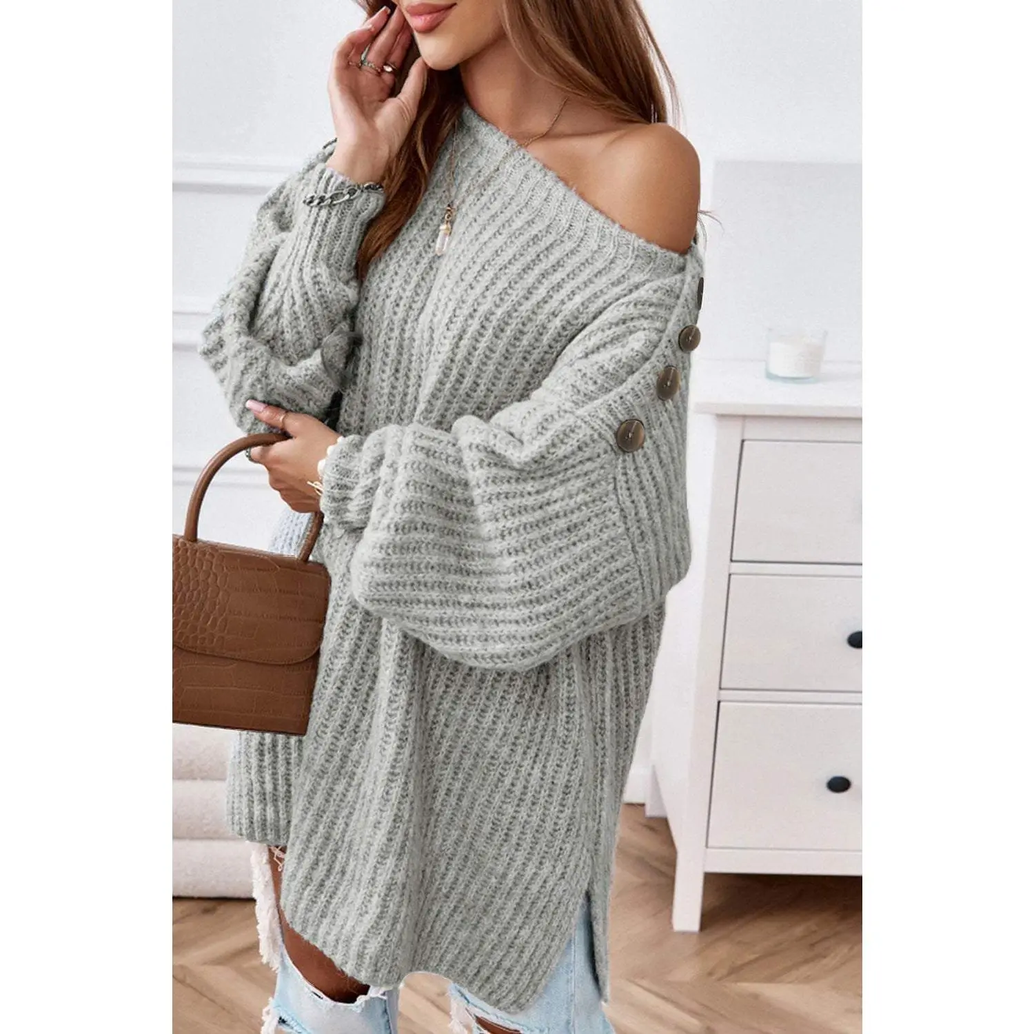Buttoned Boat Neck Slit Sweater