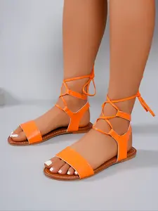 Women's Lace-Up Flat Sandals, Rubber Sole, Multiple Color Options, Gladiator Style, Calf Wrap Design, Toe-Exposed Beach Shoes
