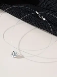 925 Sterling Silver Invisible Chain Necklace with Sparkling Zirconia, Fashionable Simple Design, Perfect for Party, Daily Wear, Beach