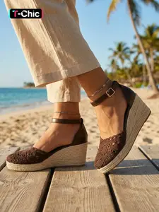 Women's Crochet Lace Woven Wedge Sandals, Breathable Knit Upper, Adjustable Ankle Strap, Comfortable Thick Sole, Summer Beach Vacation, Strappy Summer Sandals