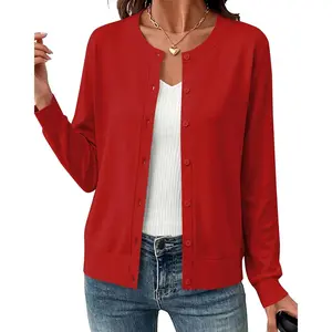 Womens Long Sleeve Crewneck Button Down Cardigans Soft Knit Basic Open Front Lightweight Cardigan Sweaters