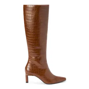 COCONUTS by Matisse Womens Robbie Croc Embossed Pointed Toe Zippered Casual Boots Over the Knee Mid Heel 2-3" - Brown