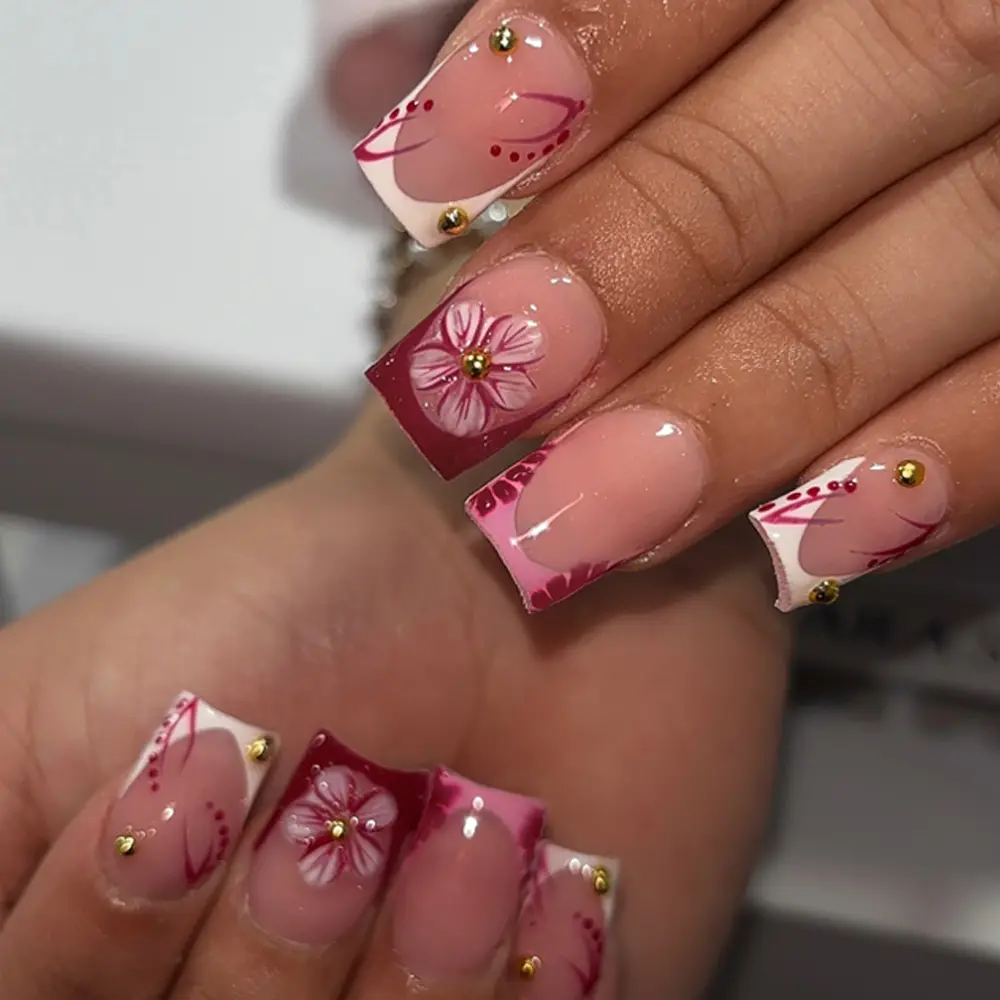 24pcs Short Square French Polka Dot Gold Pearl Flower Gradient Press-On Nails, Decorative Nails, Perfect Fit False Nail Set, Fake Nails, Easy Wear, Ideal for Parties, Dance, Daily Use