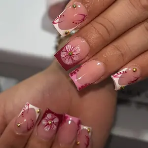 24pcs Short Square French Polka Dot Gold Pearl Flower Gradient Press-On Nails, Fake Nails, Perfect Fit False Nail Set, Easy Wear, Ideal for Parties, Dance, Daily Use