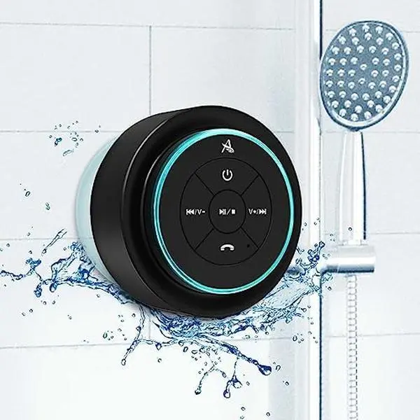 Mini Bluetooth Shower Speaker with LED light, Portable IPX7 Waterproof, Hands-Free Speakerphone. Rechargeable Using Micro USB, Wireless Stereo for Beach, Shower & Home