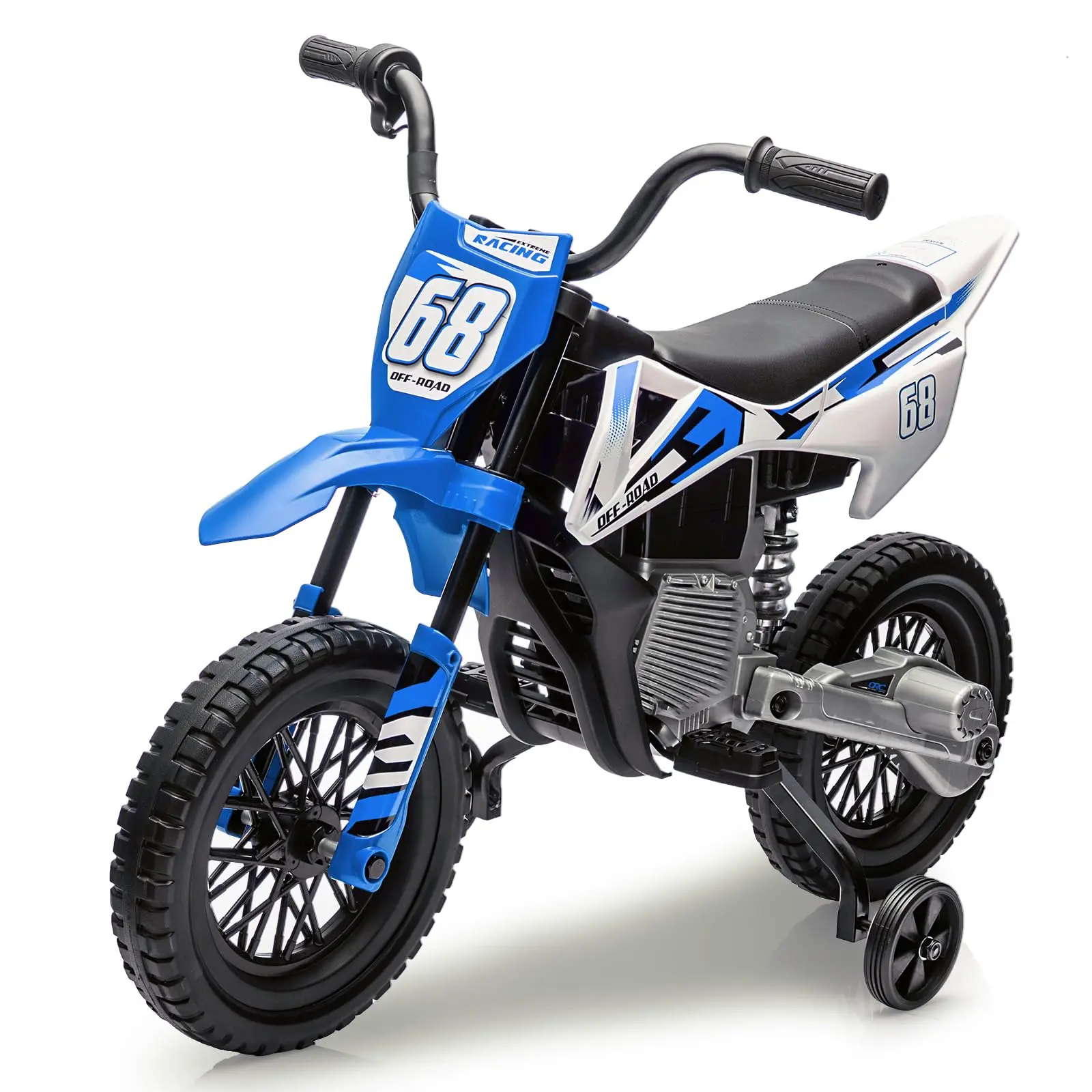GARVEE 12V Metal Electric Toddler Motorcycle for Ages 3+, Dual 25W Motors, Twist Grip Throttle, Training Wheels, Spring Shock Suspension, Built-In Music, Blue (Black Friday)