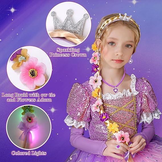 Valentines Day Gift 10pcs Rapunzel Dress-Up Set for Girls - Light-Up Princess Costume with LED Wig, Wand, Crown & Halloween Gifts for Toddlers