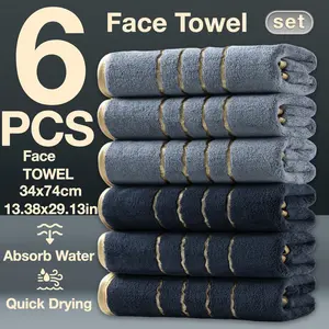 6-Piece Ultra-Soft Luxury Striped Gold Thread Coral Fleece Towel Set, Face Towel, Quick-Dry Absorbent Bath Towels, Perfect for Home Hotel Spa Use