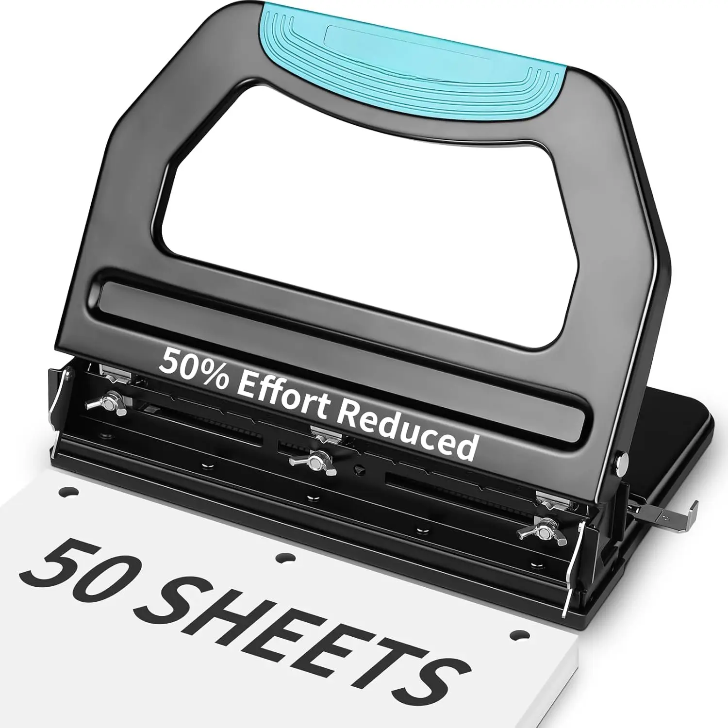 Heavy Duty 3 Hole Punch, 50-Sheet, 50% Reduced Effort, Adjustable Two & Three Hole Punch, Metal Paper Puncher w/Large Chip Tray, Metal Paper Guide, Black