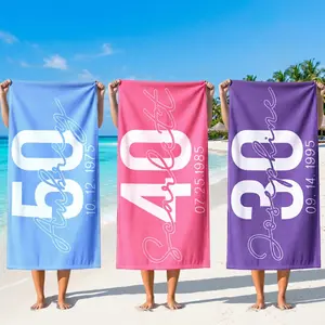 Custom Personalized Milestone Birthday Beach Towel with Name & Date for Women Mom Preppy Summervibes Retro Pink Blue Purple 30th 40th 50th Birthday Party Gift Idea Girls Trip Beach Holiday Vacation Pool Accessory Summerwins