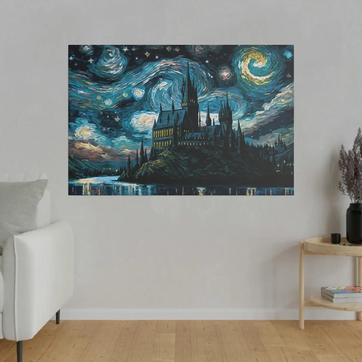 Magic Wizard School Castle Scottish Starry Night Digital Oil Painting Academy Witch Poster Wall Art Print Flowers Alnwick