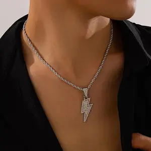 Iced Gold & Silver Lightning Bolt Pendant Rope Chain Necklace