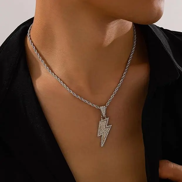 Iced Gold & Silver Lightning Bolt Pendant Rope Chain Necklace