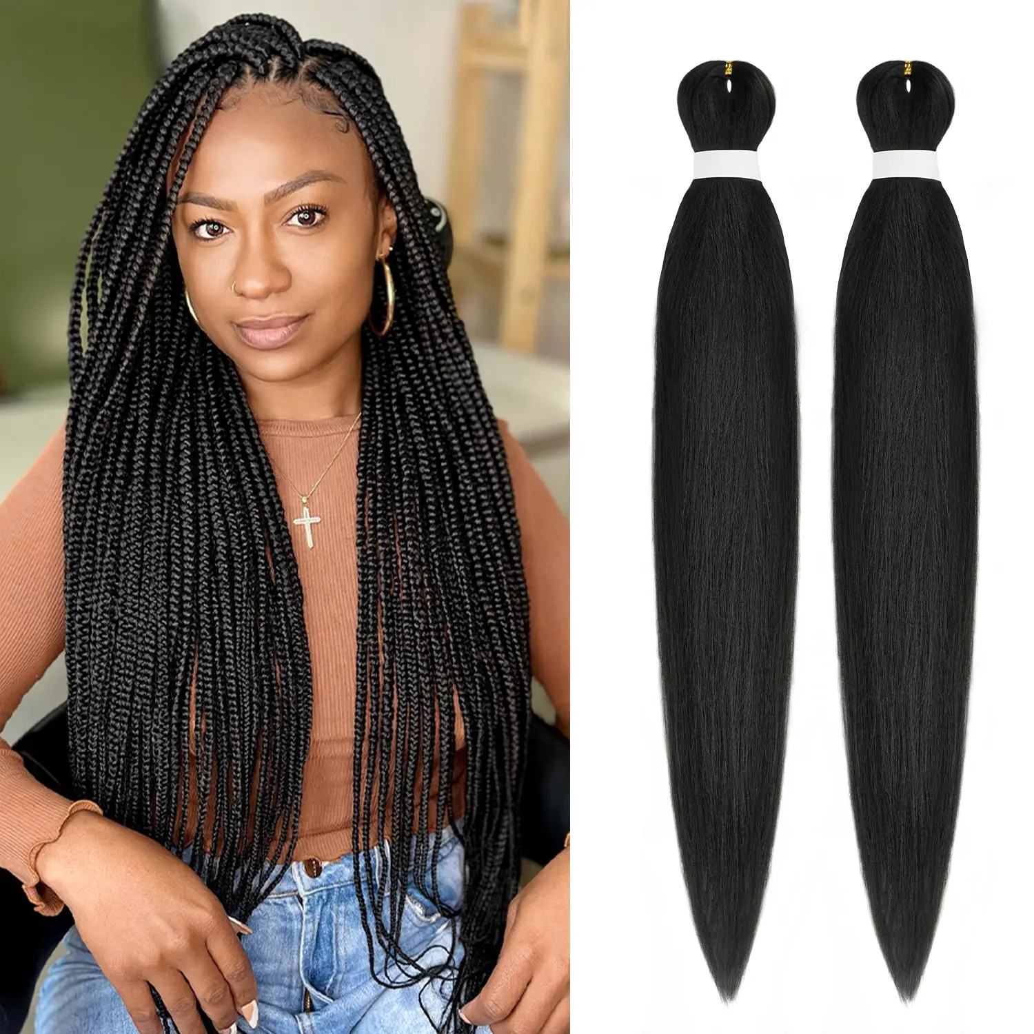 ROSMILE Pre-Stretched Synthetic Braiding Hair Extensions, Yaki Texture, 30-Inch 30 Inch Bundles, 2 Packs for Braids Twist Box, Hot Water Setting Compatible, Straight Hair Weave