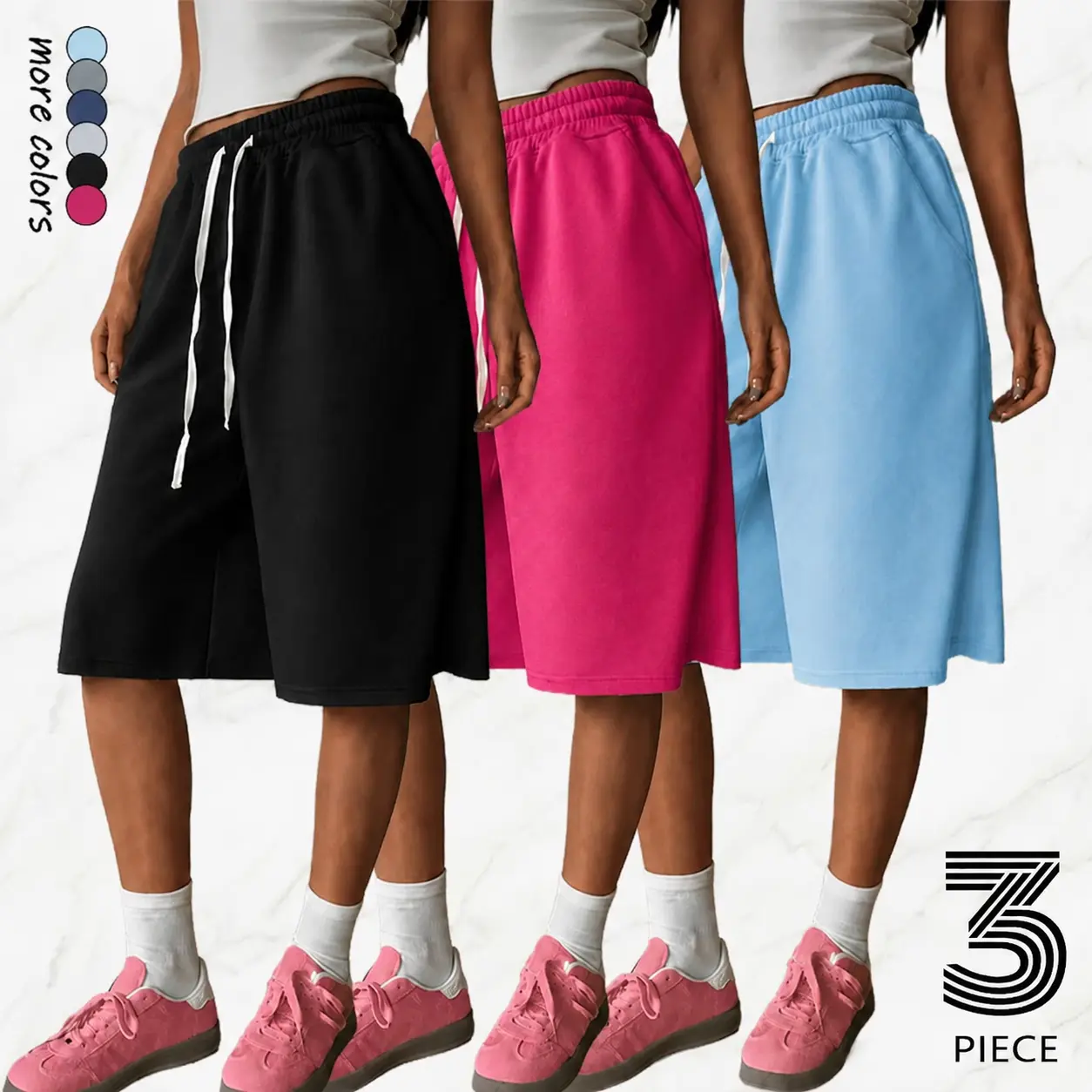 Women's 3-Pack 3-Quarter Wide-Leg Pants, Elastic Waistband, Side Pockets, Non-See-Through Machine-Washable Fabric, Suitable for Everyday & Formal Wear.Summervibes