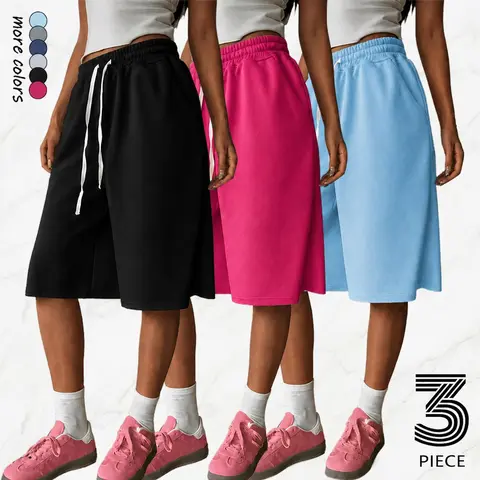 Women's Minimalist 3-Pack Below-Knee Wide-Leg Sports Shorts, Elastic Waistband, Side Pockets, Breathable Lightweight Non-See-Through Polyester Knit Fabric, Machine-Washable, Plain Colors, Casual Commute Look Activewear