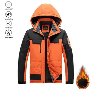 Men’s ski jacket for winter sports — waterproof, windproof, wear-resistant, insulated, detachable hood; orange/black design; machine washable; outdoor clothing