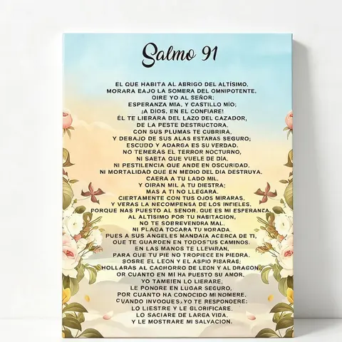 1-Piece 2D Flat Bilingual Spanish-English Psalm 91 Artistic Retro Frame Ink Canvas Wall Print - Serene Flowers & Sky Design, Modern Classic Style, Room Home Office Decor, Perfect Holiday & Birthday Gift